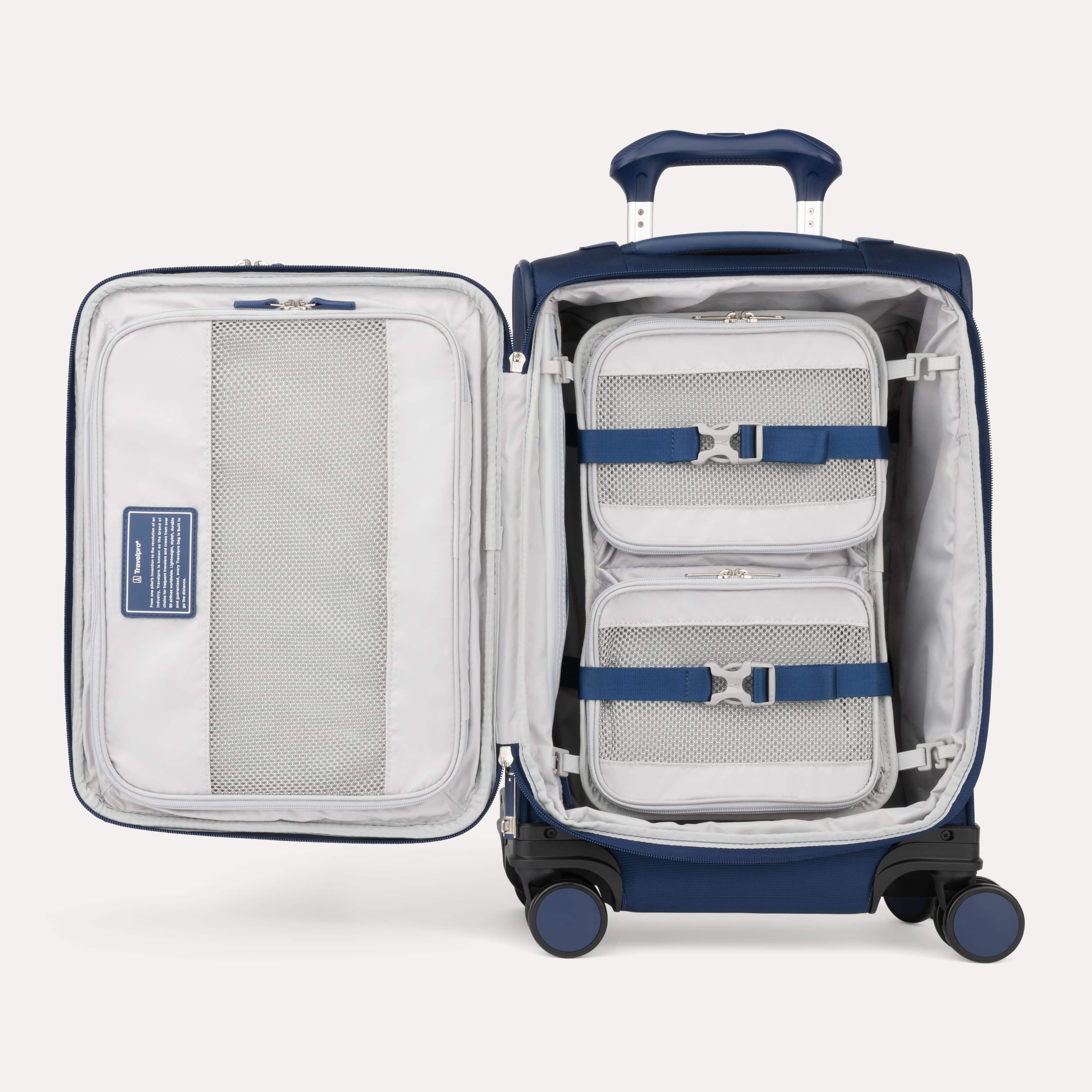 Interior of Blue VersaPack®+ Soft Sided Carry-On Spinner with Removable Compression Organizers