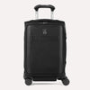 Front view of Travelpro Versapack+ Compact Carry-On Spinner in Black, featuring front document pocket, 360° Spinner Wheels, and low-profile top carry handle.