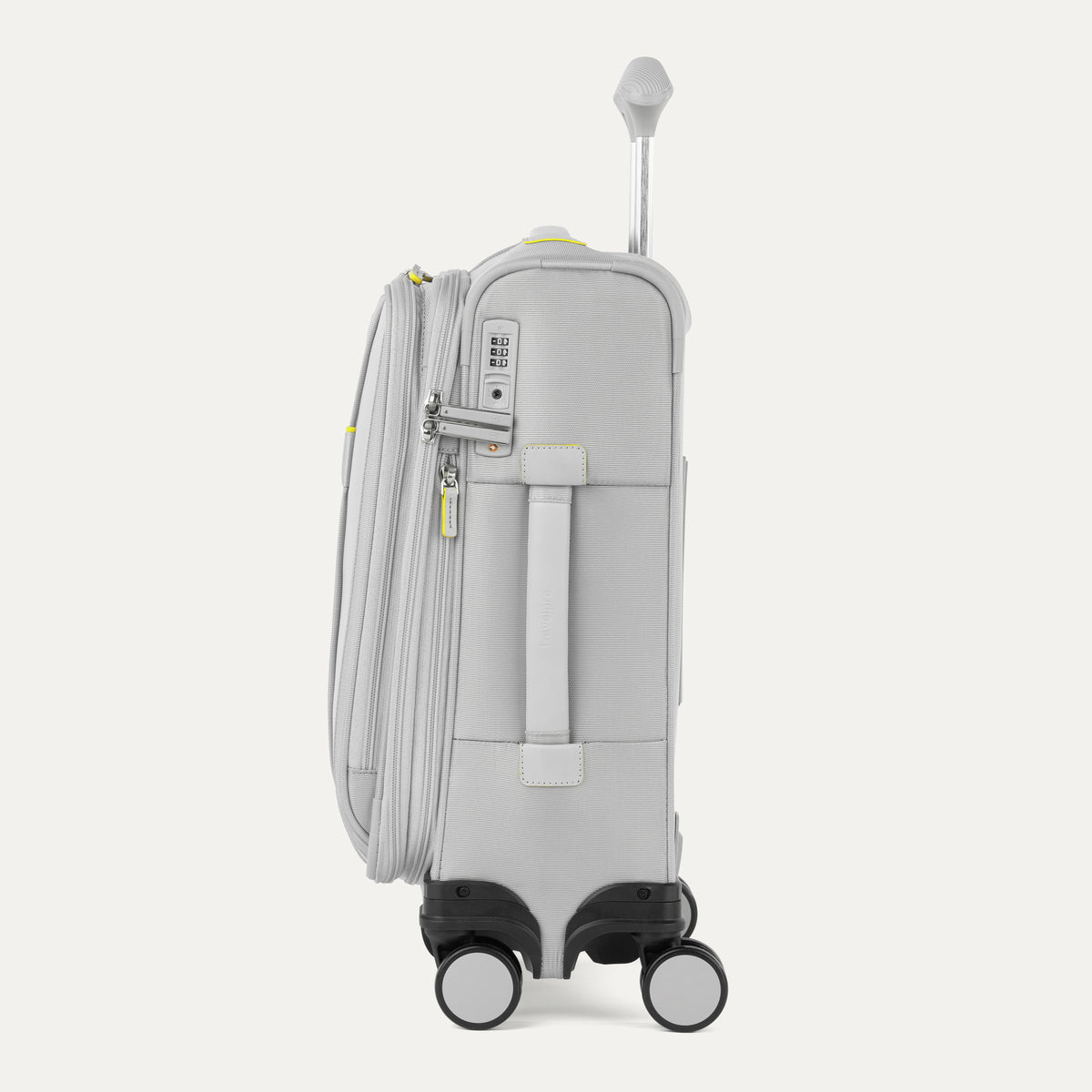 Side view of Travelpro VersaPack®+ Compact Carry-On Spinner in Cyber Lime, featuring an expandable zipper, TSA-approved lock, and padded side carry handle with extended handle.