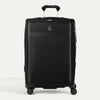 Front view of Travelpro Versapack+ Medium Check-In Spinner in Black, featuring 360° spinner wheels and PowerScope Lite handle.