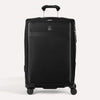 Front view of Travelpro Versapack+ Medium Check-In Spinner in Black, featuring 360° spinner wheels and PowerScope Lite handle.
