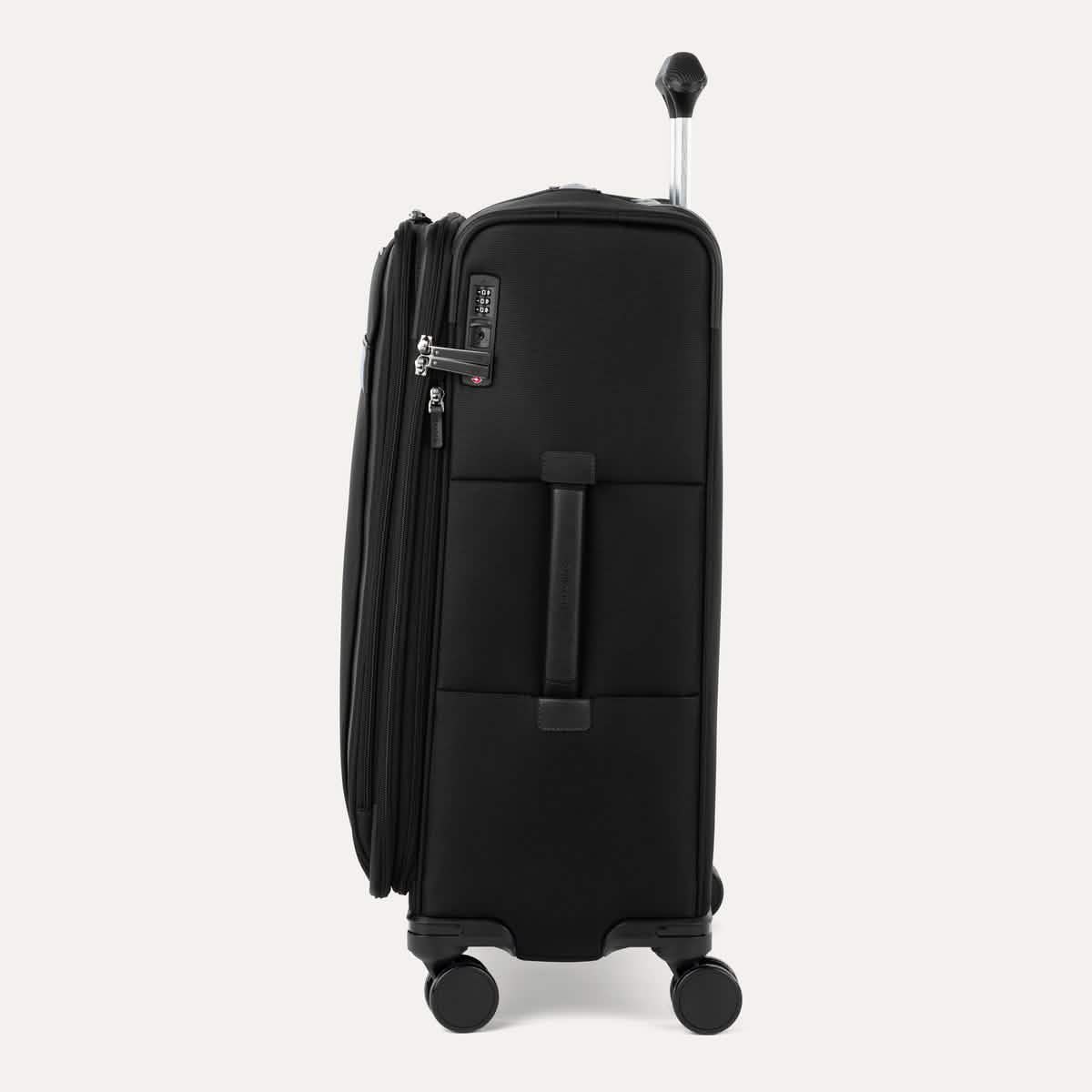Side view of Travelpro Versapack+ Medium Check-In Spinner in Black, highlighting 360° spinner wheels and PowerScope Lite handle.