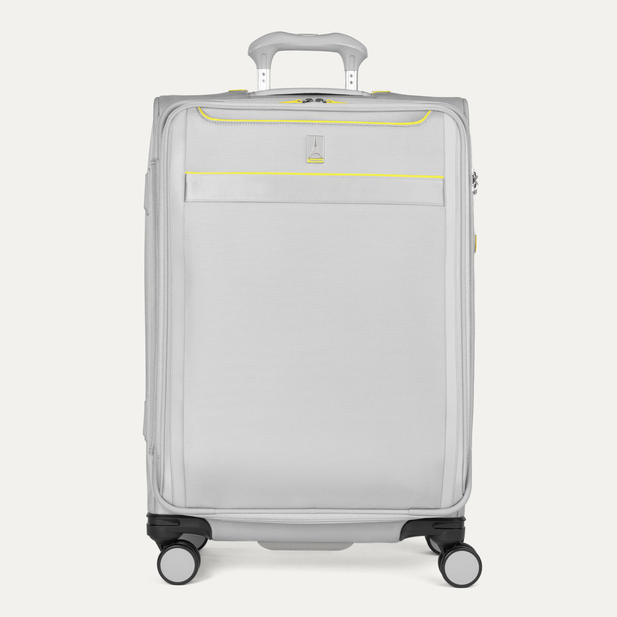 Front view of Travelpro Versapack+ Medium Check-In Spinner in Cyber Lime, featuring 360° spinner wheels and PowerScope Lite handle.