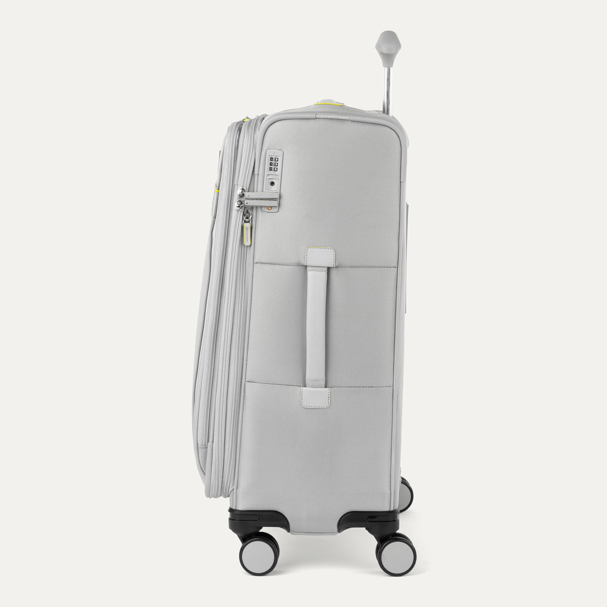 Side view of Travelpro Versapack+ Medium Check-In Spinner in Cyber Lime, showing 360° spinner wheels and PowerScope Lite handle.