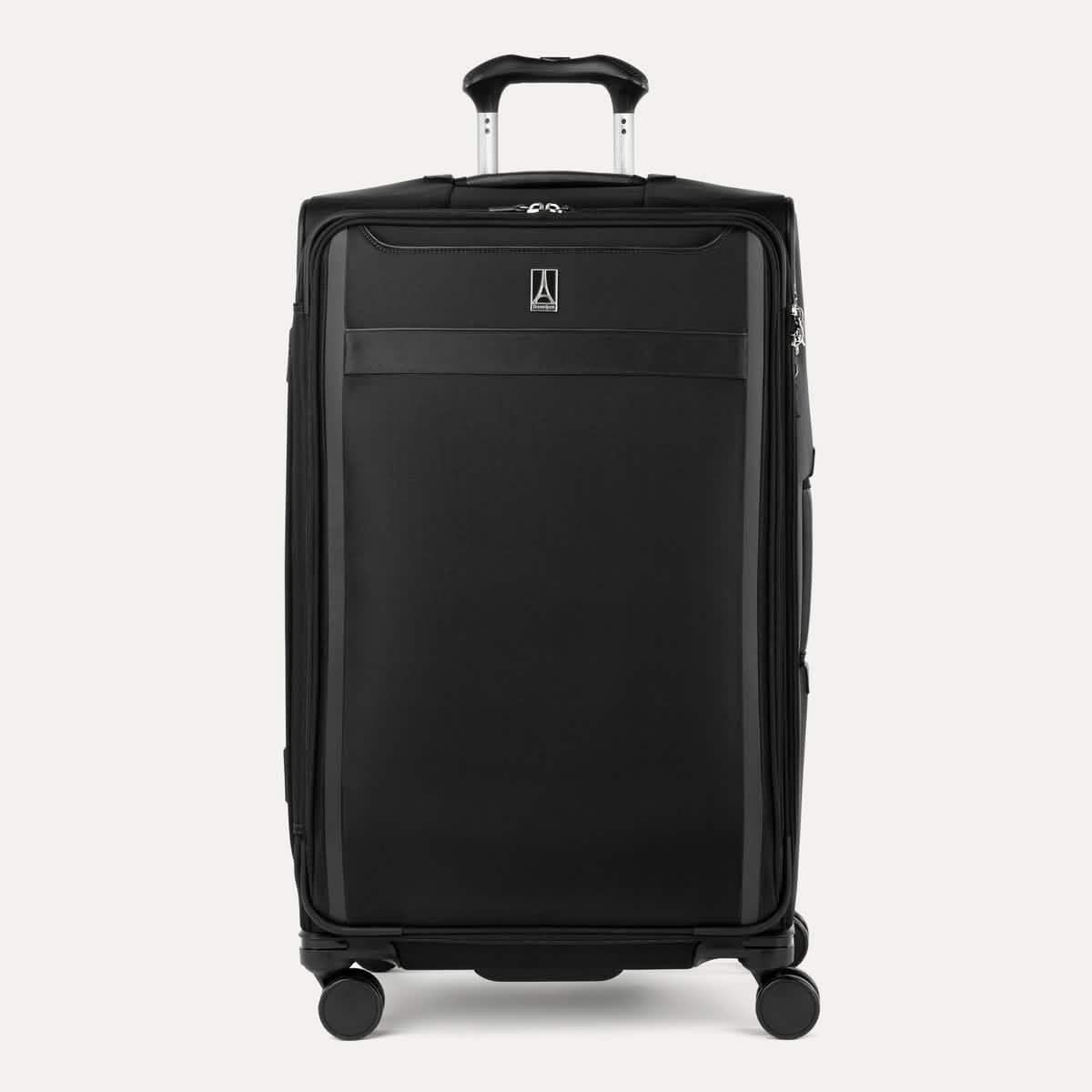 Travelpro VersaPack+ Large Check-In Spinner in Black, featuring 360° Spinner Wheels and PowerScope Extension Handle.