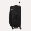 Side view of Travelpro VersaPack+ Large Check-In Spinner in Jet Black, showing 360° Spinner Wheels and PowerScope Extension Handle.