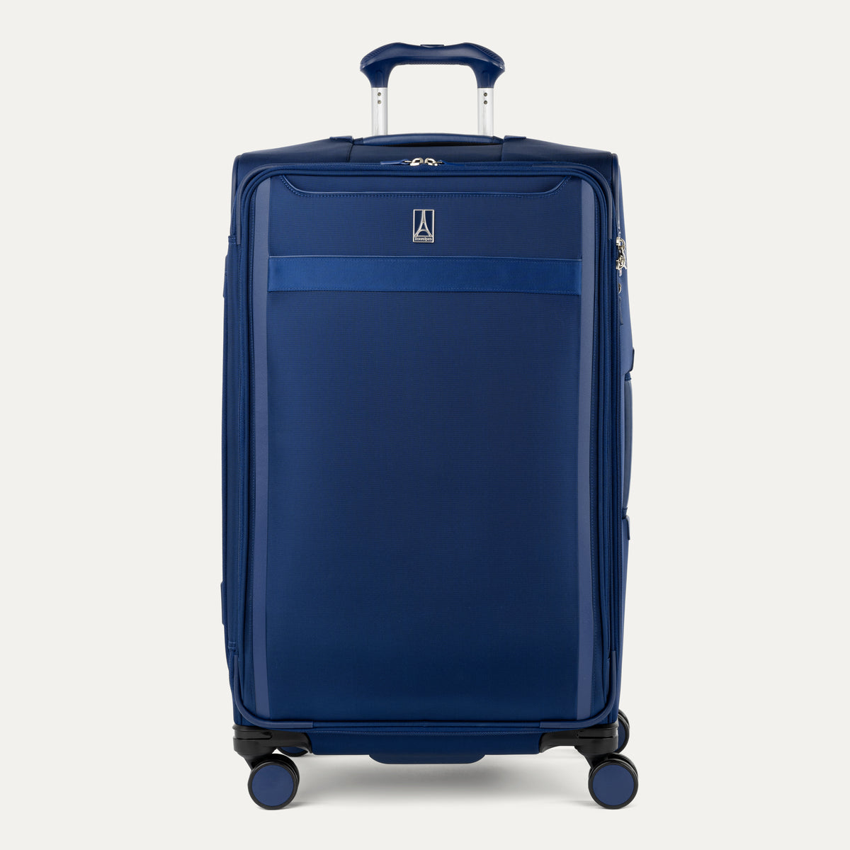 Front view of Travelpro VersaPack+ Large Check-In Spinner in Estate Blue, featuring 360° Spinner Wheels and PowerScope Extension Handle.