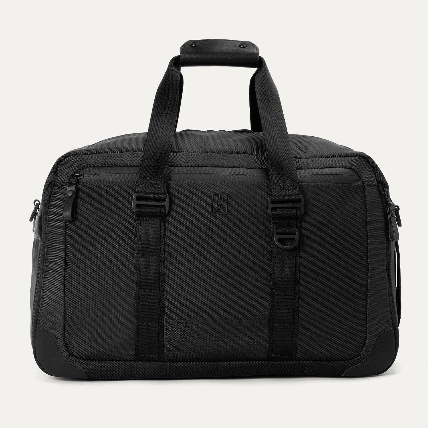 A black Travelpro Altitude Double Expansion Duffel bag with multiple compartments and zipper closure.