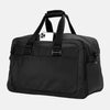 Slanted front view of Travelpro Altitude Double Expansion Duffel in Jet Black with phone in QuickSlip Pocket, D-ring, and top handles.