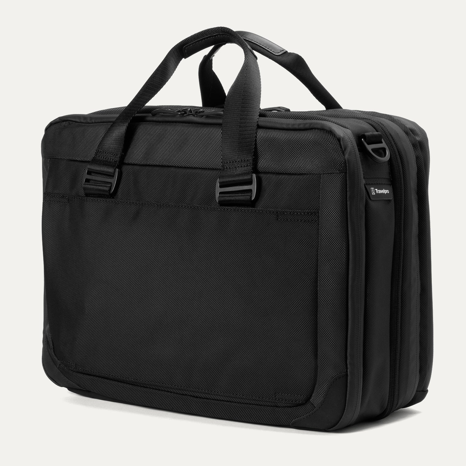 Slanted rear view of the Travelpro® Altitude™ Full Expansion Brief in black, featuring dual top carry handles and a large rear slip pocket for quick-access storage, along with side D-rings for attaching the adjustable shoulder strap.