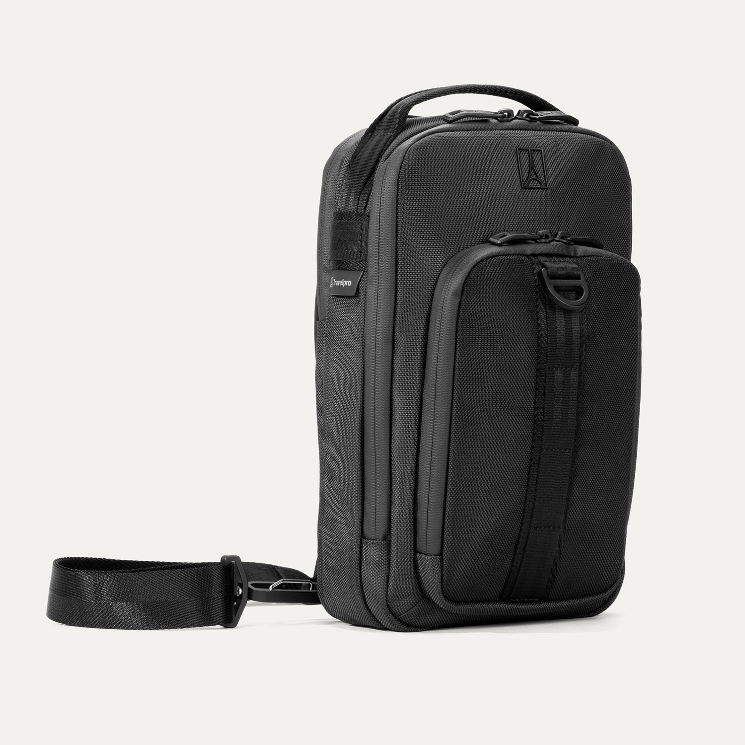 Front angled view of Travelpro Altitude Crossbody 6L in Black, featuring exterior zip pocket and adjustable shoulder strap.