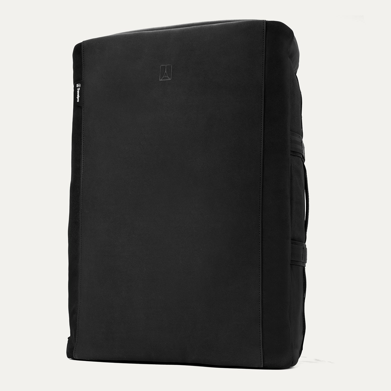 Upright front view of the Travelpro Altitude Convertible Duffel/Backpack in Jet Black, showing smooth base panel with subtle logo detailing.