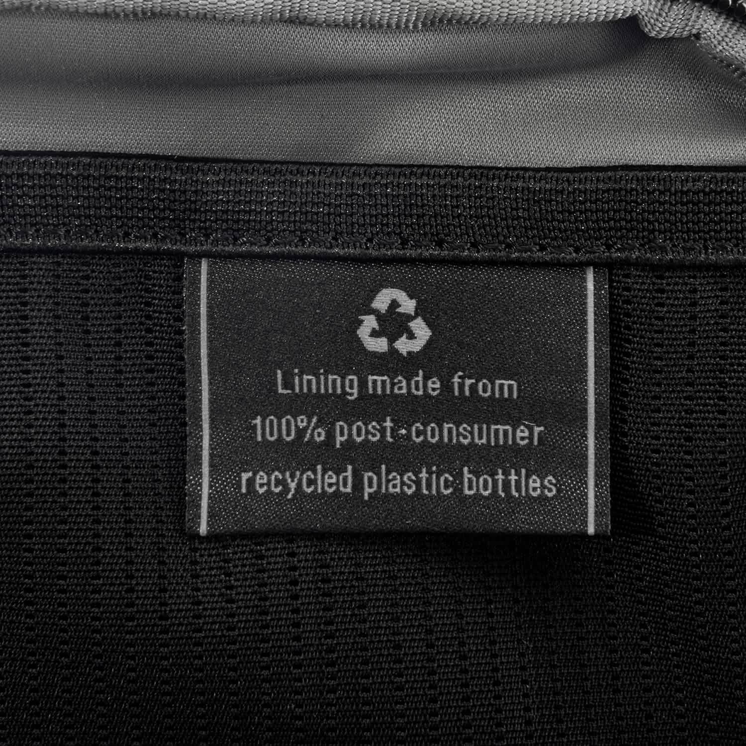 Close-up of interior tag showing that the lining is made from 100% post-consumer recycled plastic bottles.