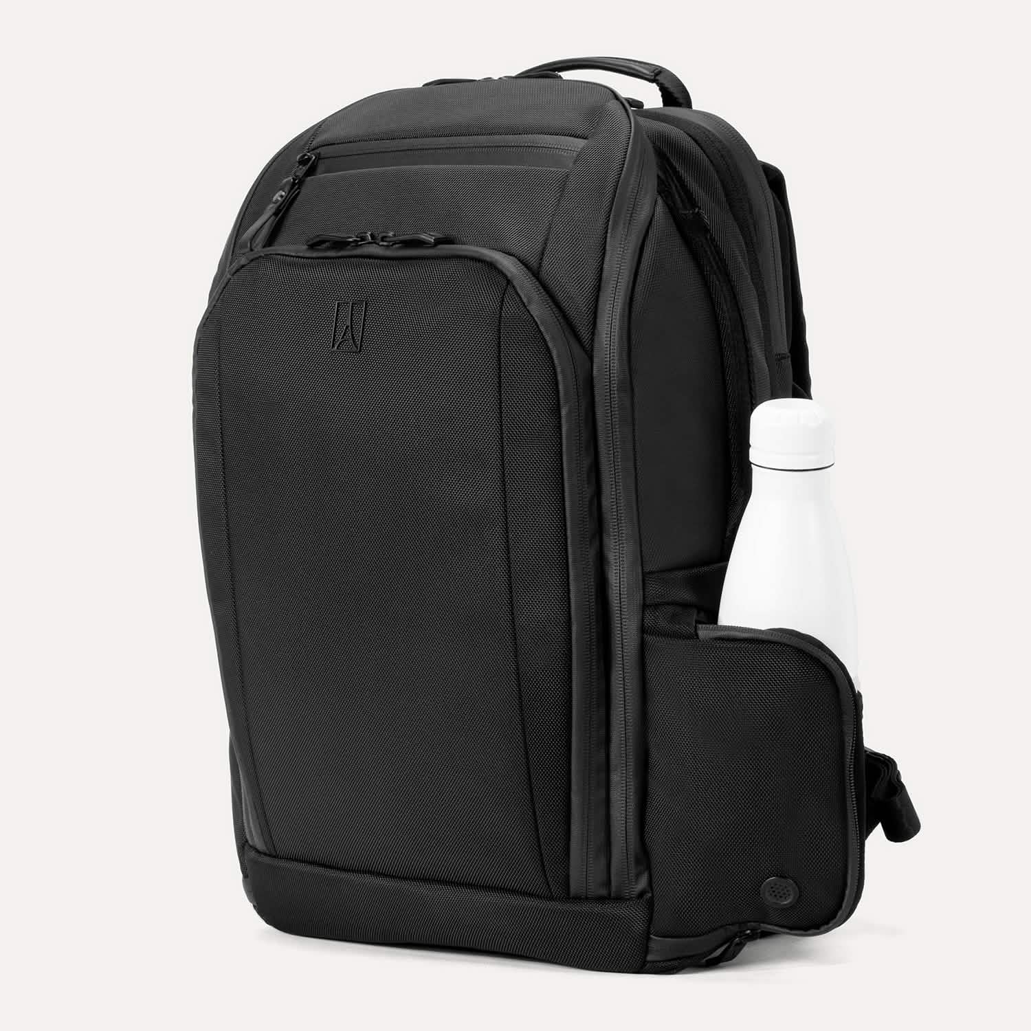 Front angle of Travelpro Altitude All-Purpose Laptop Backpack in Jet Black, showing exterior pocket with bottle storage.