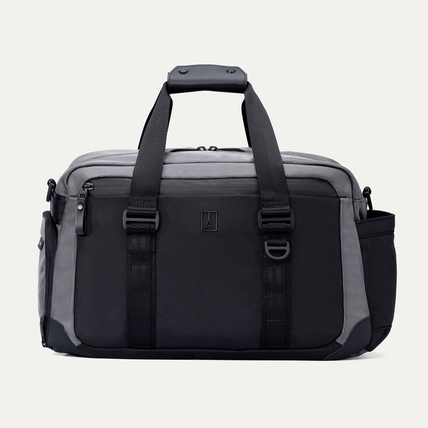 Front view of the Travelpro Altitude Day-to-Day Duffel in Falcon Grey, showing structured handles and front compression straps.