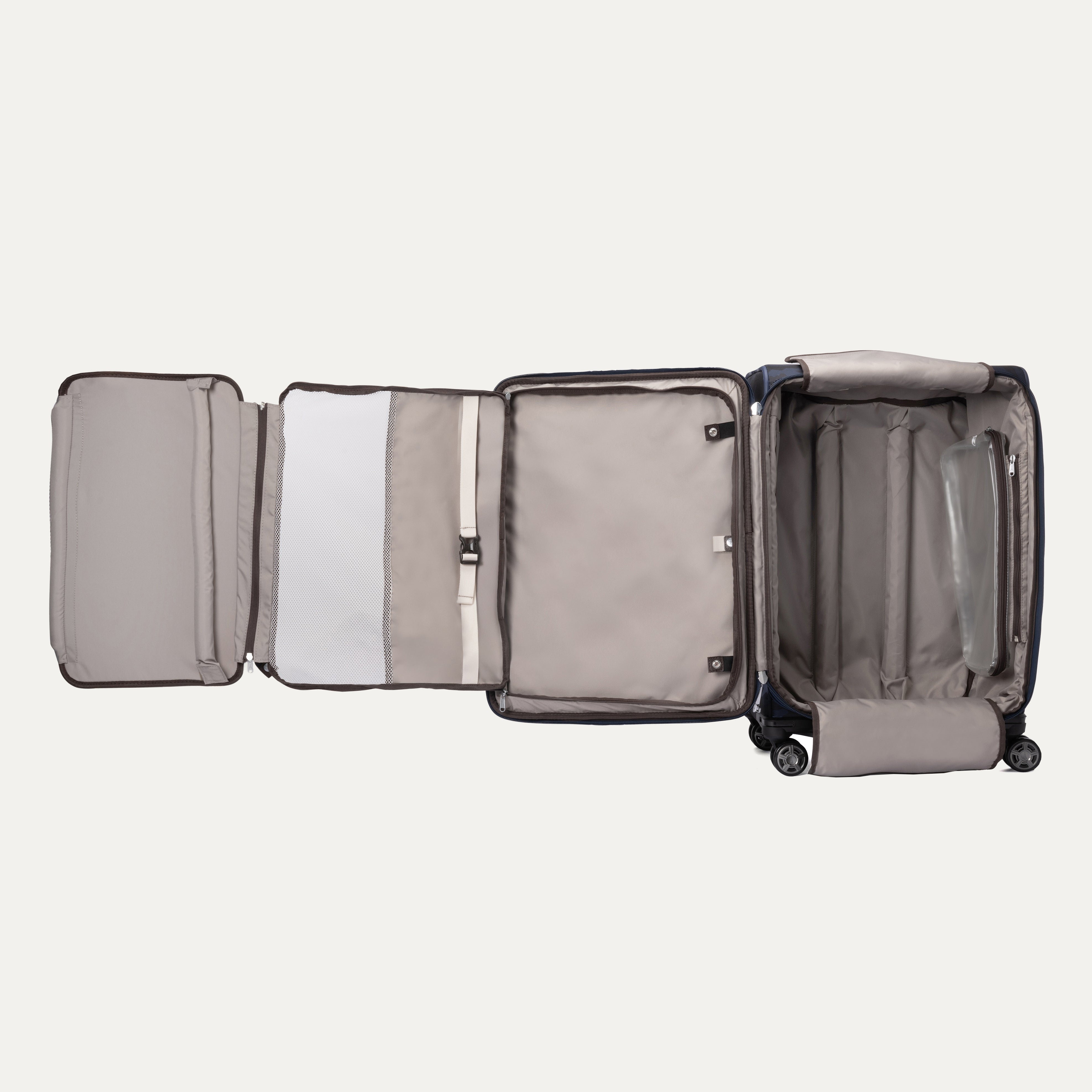 Interior view of Travelpro Platinum Elite Carry-On Spinner in camouflage, showing organized compartments and removable toiletry bag.