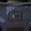 Close-up of USB charging port on the Travelpro Platinum Elite luggage in camouflage, designed for external power bank access.