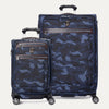 A set of two Platinum Elite luggage items, a carry-on and a large check-in bag, with camouflage pattern, spinner wheels, and TSA-compliant locks.