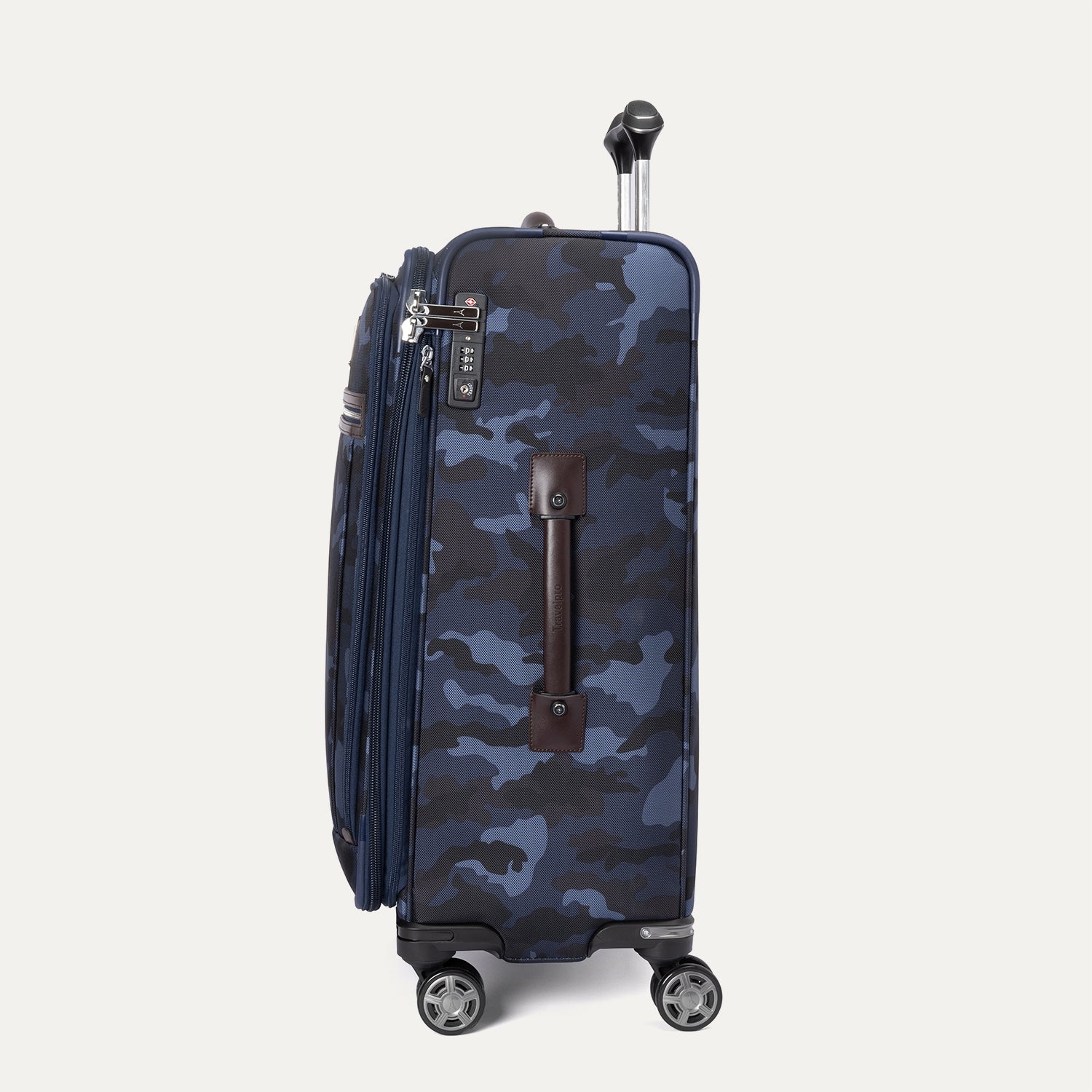 Side view of Travelpro Platinum Elite Medium Check-In Spinner in Camouflage, showing TSA Approved Locks and low-profile side carry handle.