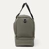 Sideview of green backpack with a black strap on a white background