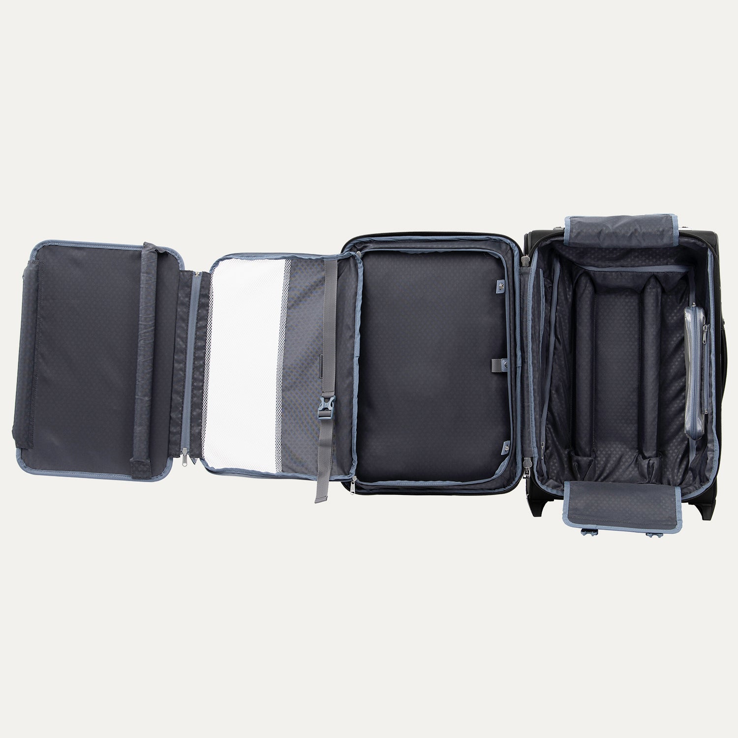 Black suitcase with open compartments and suiter on a white background