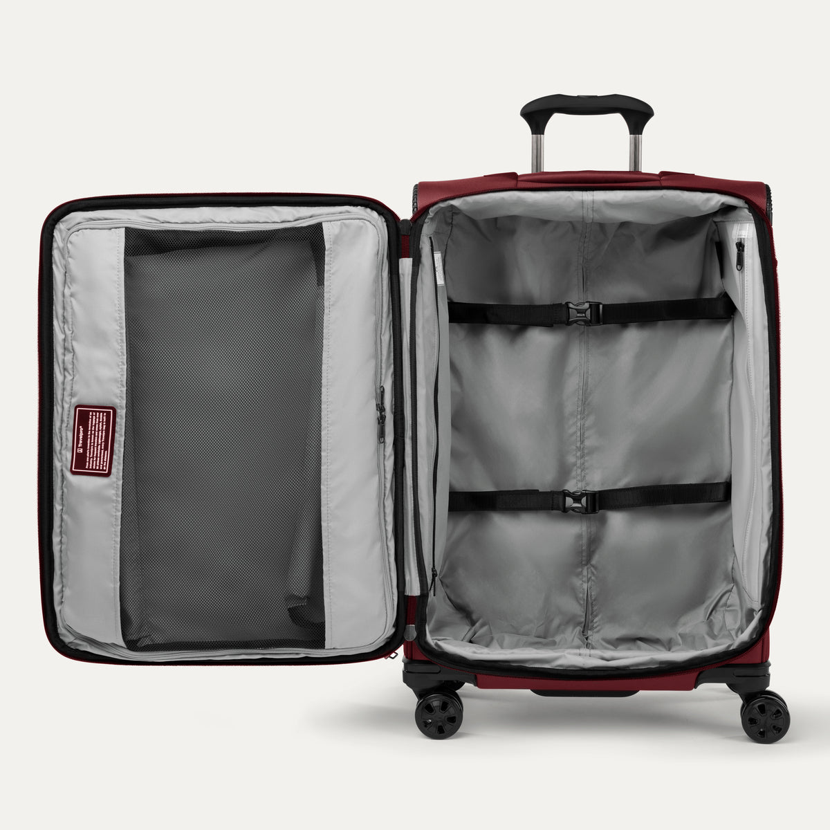 Red open suitcase on a white background