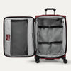 Open red suitcase with grey interior on a white background