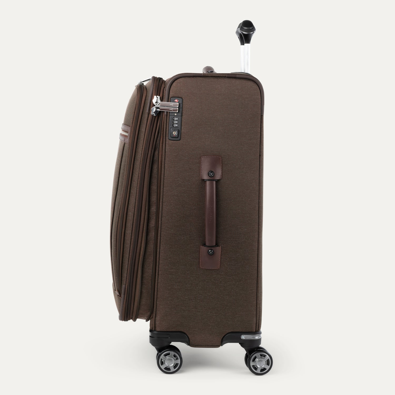 Side view of brown suitcase with wheels and handle on a white background