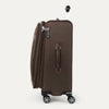 Side view of brown suitcase with wheels and handle on a white background