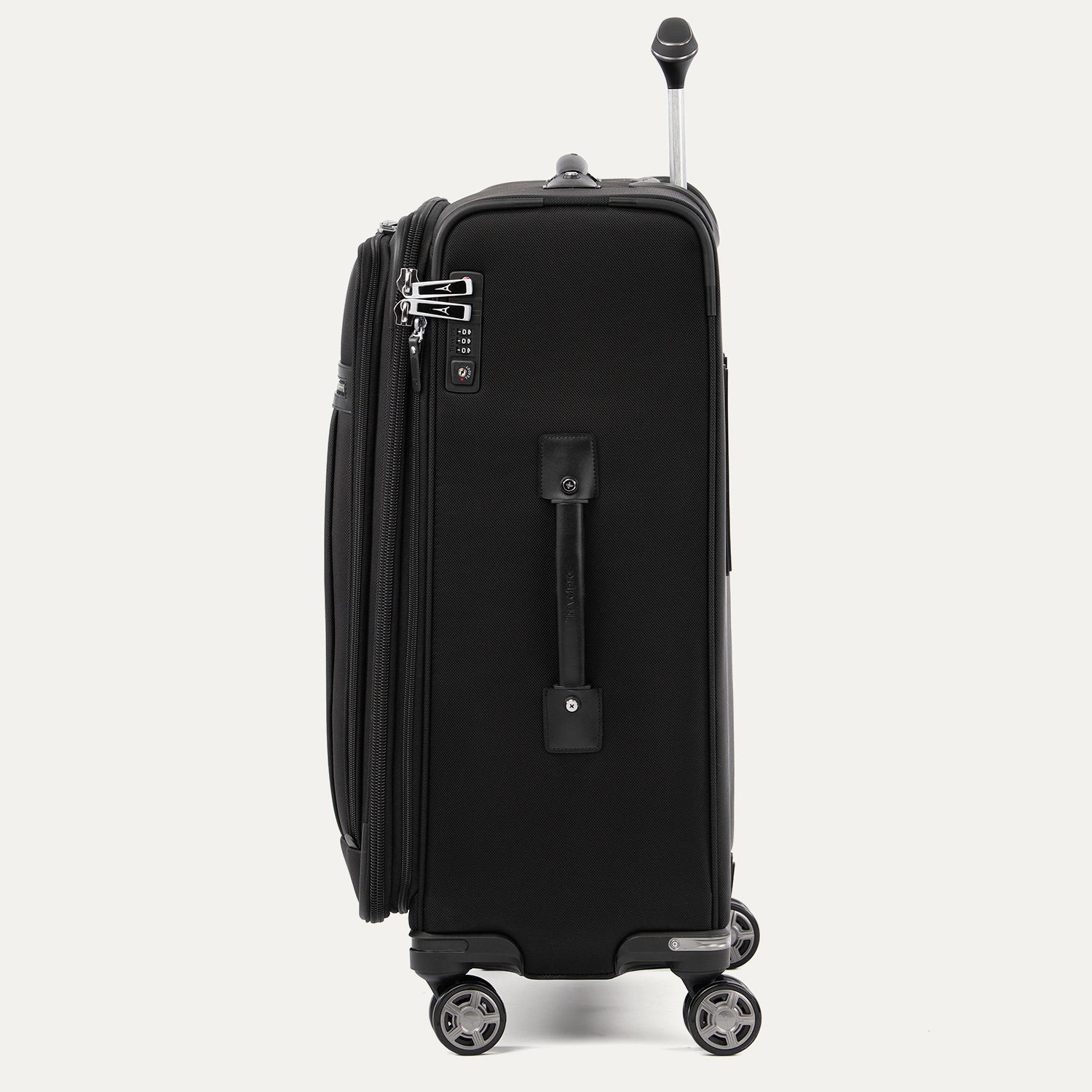 Black suitcase with wheels on a white background