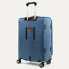 Blue suitcase with wheels and handle on a white background