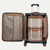 Open spinner suitcases in blue , showing the interior compartments on a white background
