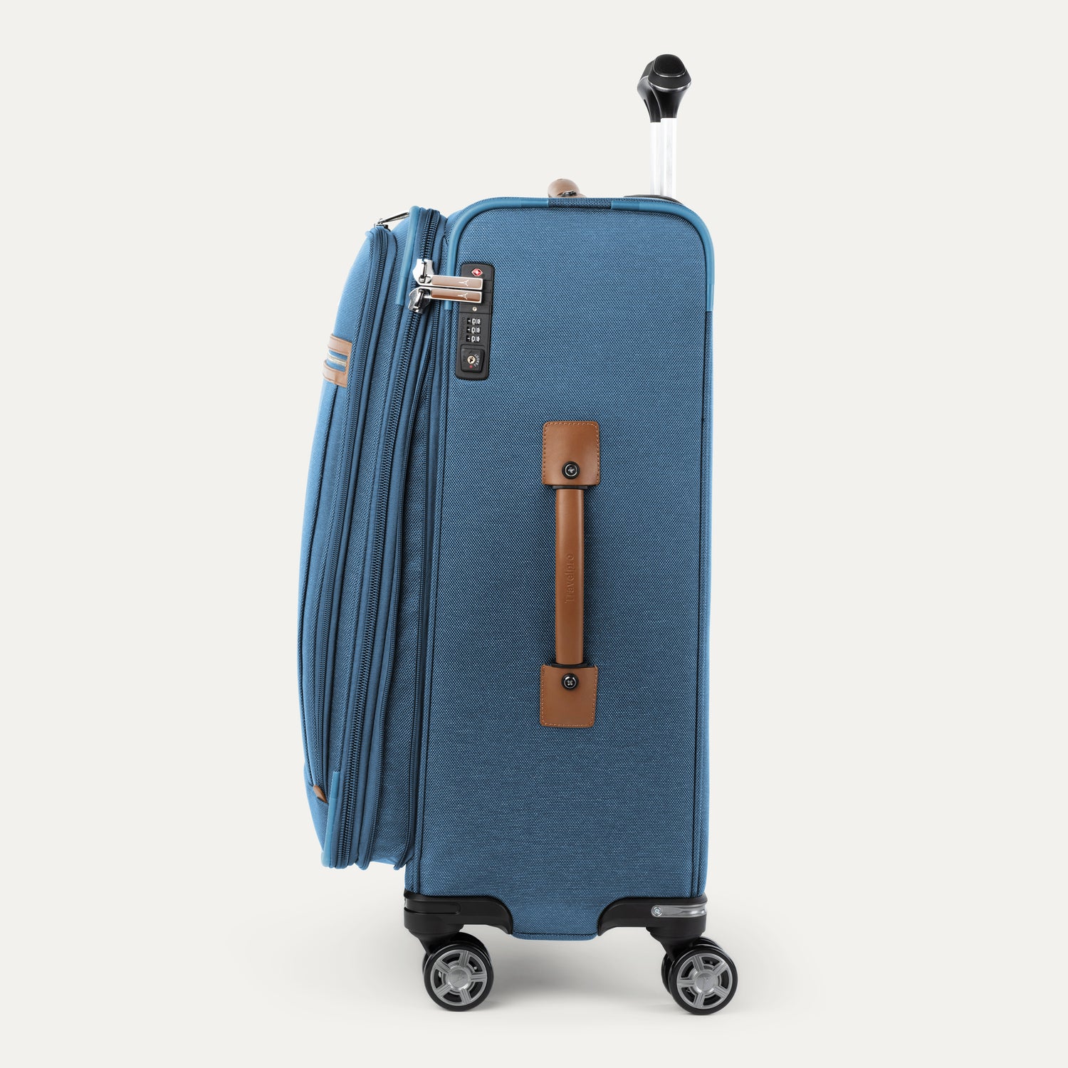 Blue suitcase with brown handle on a white background