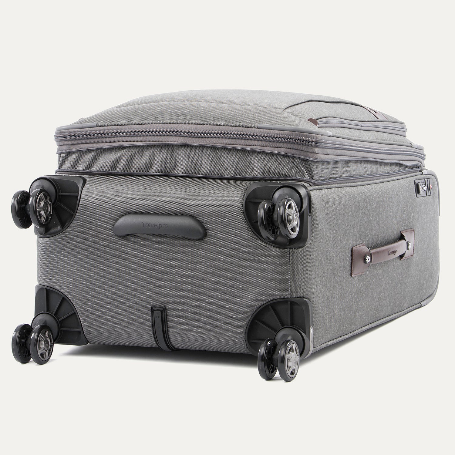 Gray suitcase with wheels on a white background
