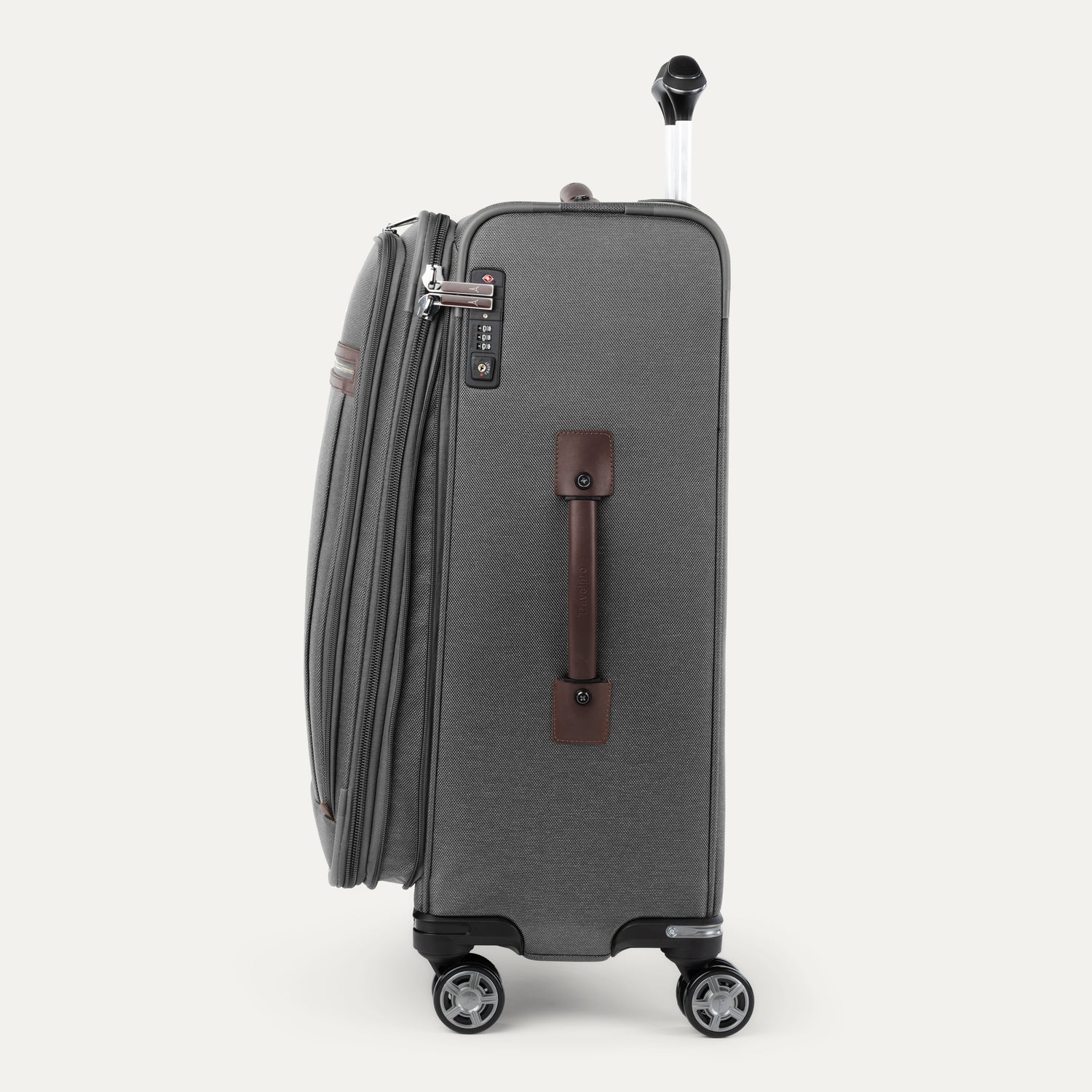 Gray suitcase with a brown handle on a white background