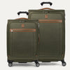Two olive green check-in suitcases with spinner wheels and brown accents, including handles and trim. One larger and one smaller suitcase, both standing upright.