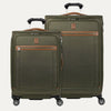 Two olive green check-in suitcases with spinner wheels and brown accents, including handles and trim. One larger and one smaller suitcase, both standing upright.