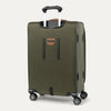 Green suitcase with wheels on a white background