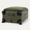 Green suitcase with black wheels on a white background
