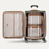 Open suitcase in olive green showing the interior compartments on a white background
