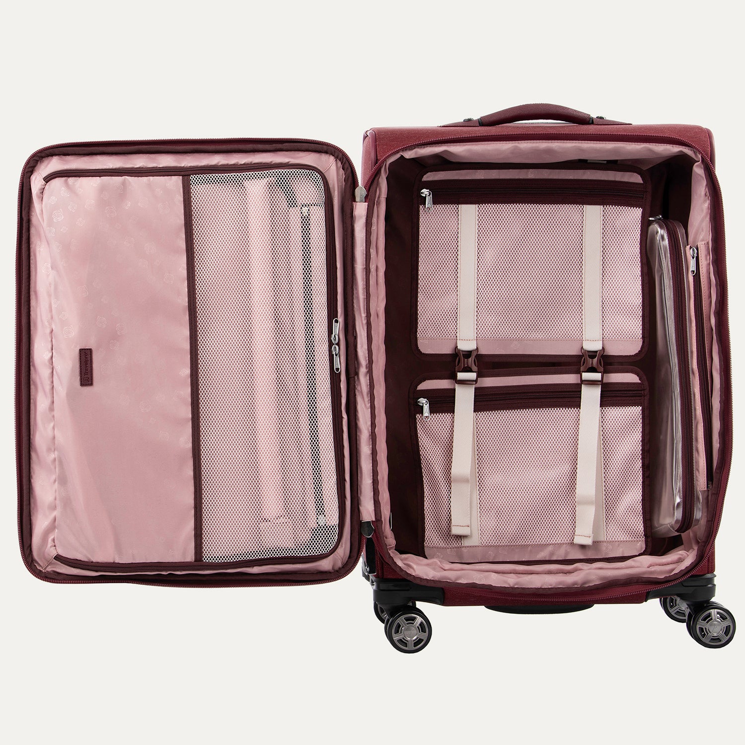 Open suitcases in bordeaux with built-in organization features and magnatrac wheels.