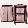 Open suitcases in bordeaux with built-in organization features and magnatrac wheels.