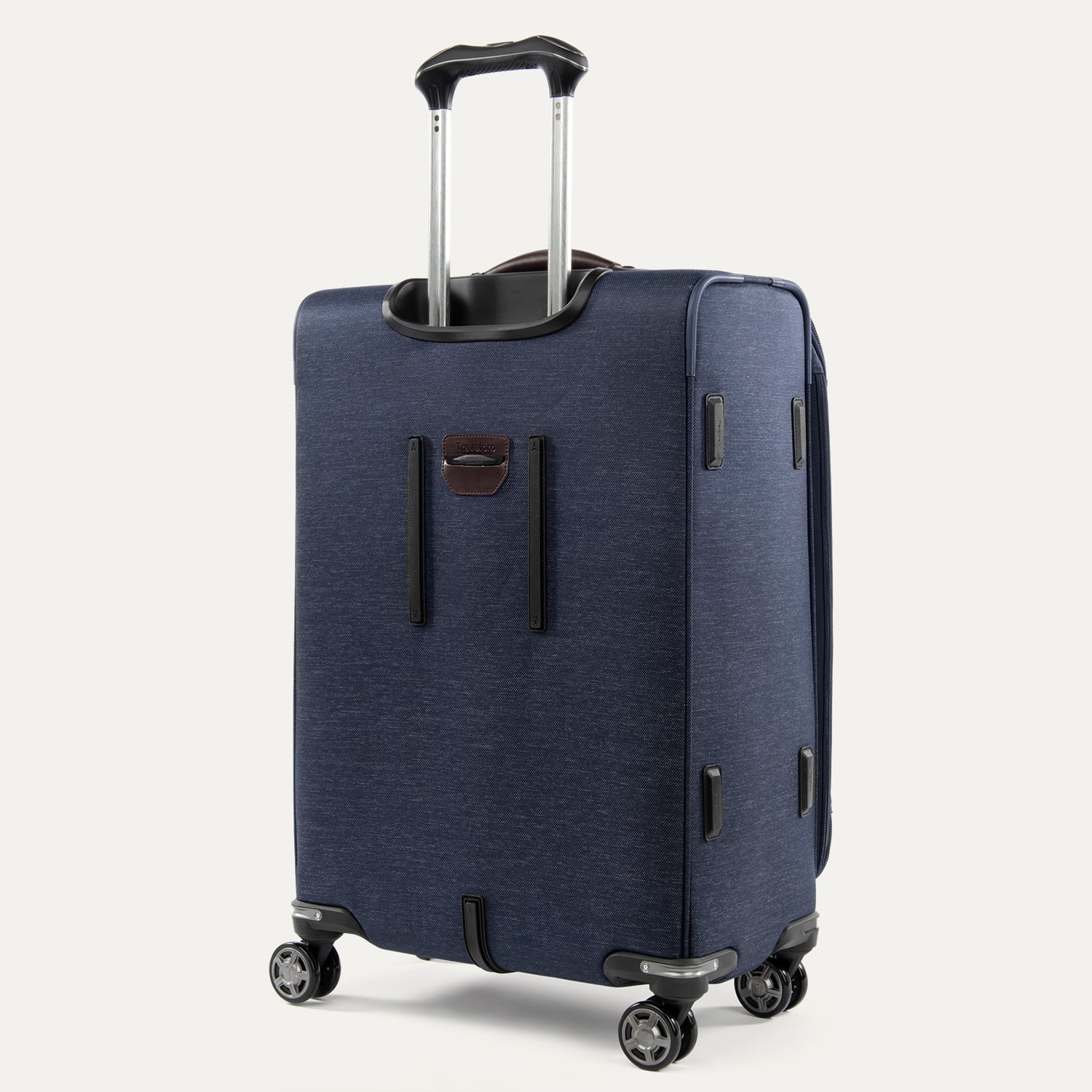 Blue suitcase with wheels and handle on a white background