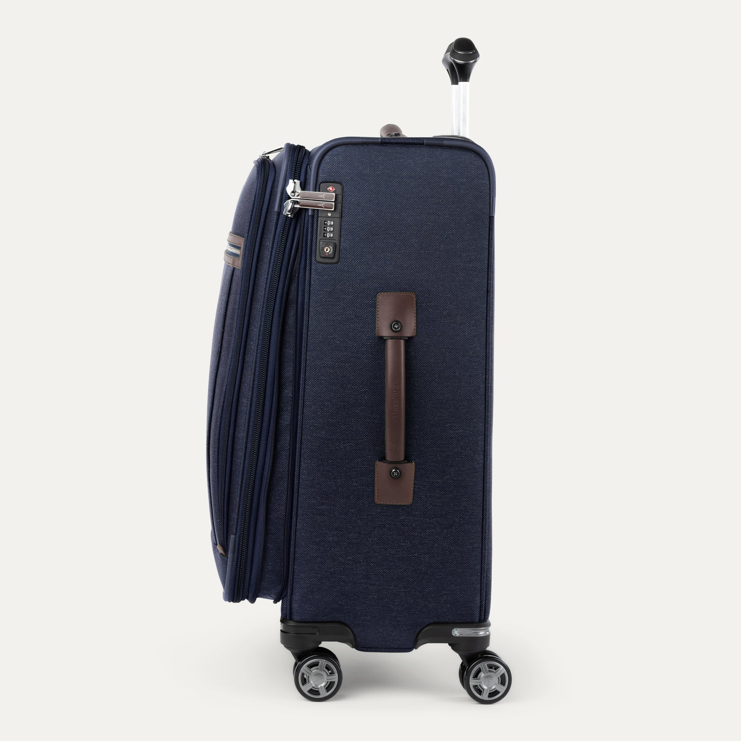 Navy blue suitcase with brown handle on a white background