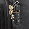 Close-up of a suitcase's zipper and lock mechanism.