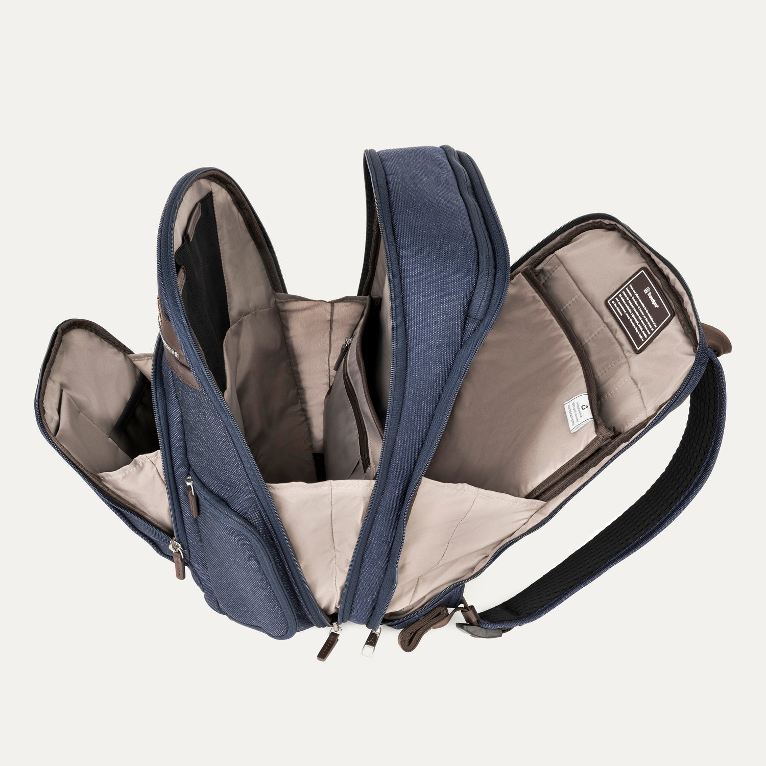 Open true navy backpack on a white background