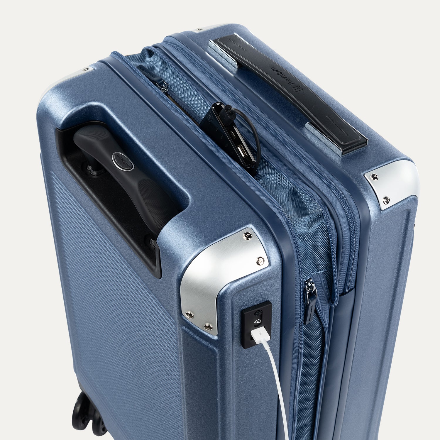 Blue suitcase with USB port and charging cable on a white background