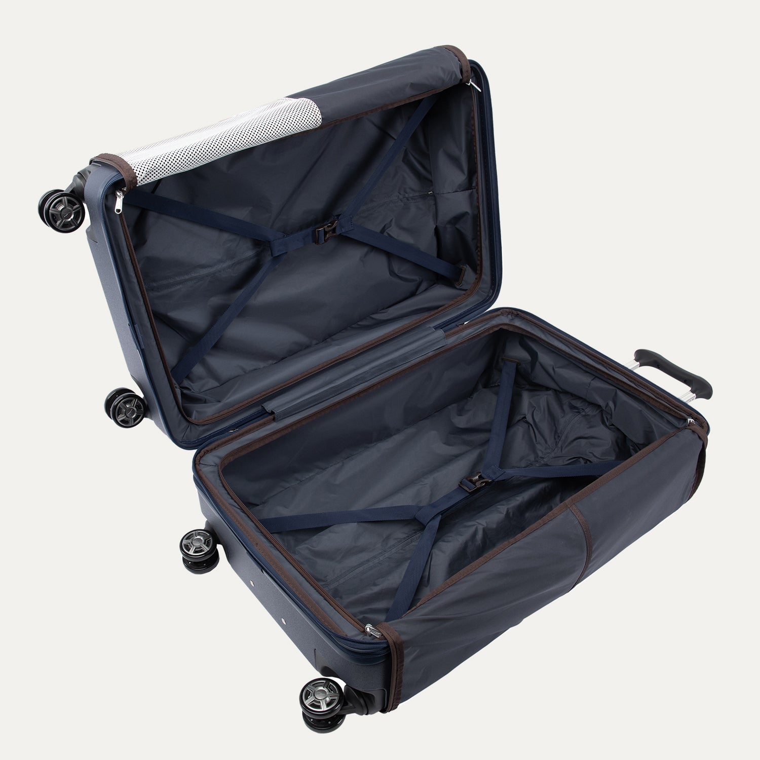 Open navy blue suitcase on a white background