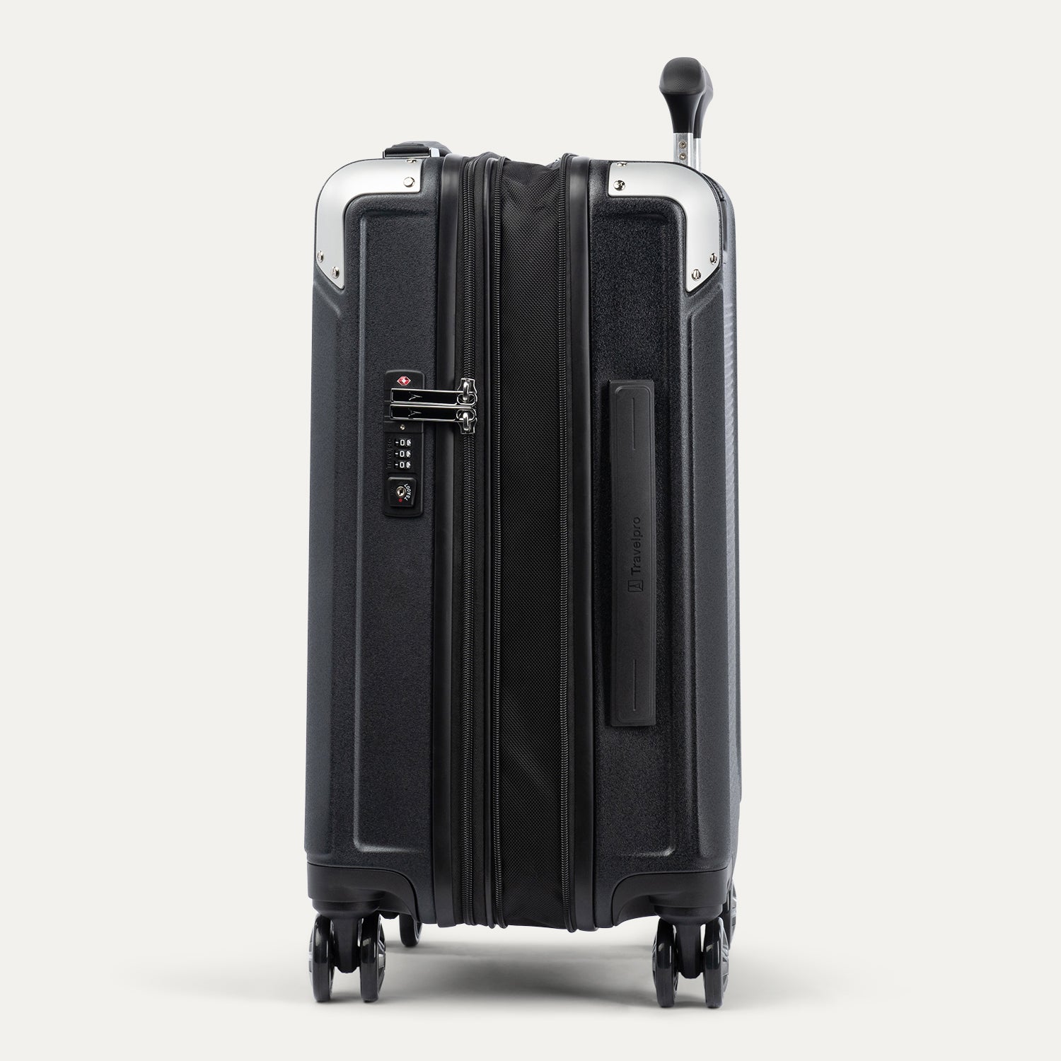 Side view of Travelpro Platinum Elite Hardside Spinner in black, featuring TSA Approved Locks and low-profile side carry handle