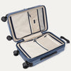 Interior view of Travelpro Platinum Elite Hardside Spinner in Dark Sky Blue, featuring zippered divider panels and organizational compartments.